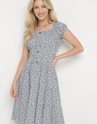defox Rochie Alb-Bleumarin Din bumbac cu Flori Mici cu Elastic în Talie Fielita