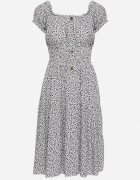 defox Rochie Alb-Bleumarin Din bumbac cu Flori Mici cu Elastic în Talie Fielita
