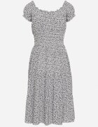 defox Rochie Alb-Bleumarin Din bumbac cu Flori Mici cu Elastic în Talie Fielita
