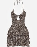 defox Rochie alb-negru cu imprimeu leopard legată la gât cu volane Filanne