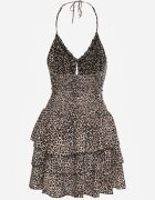 defox Rochie alb-negru cu imprimeu leopard legată la gât cu volane Filanne