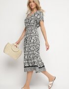 defox Rochie Alb-Negru din Bumbac Clopot cu Model Paisley Lanadira