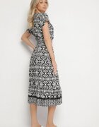 defox Rochie Alb-Negru din Bumbac Clopot cu Model Paisley Lanadira