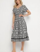 defox Rochie Alb-Negru din Bumbac Clopot cu Model Paisley Lanadira