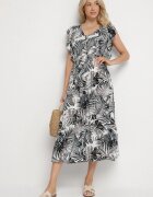 defox Rochie Alb-Negru Evazată cu Imprimeu Floral din Bumbac Lanioreta