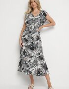 defox Rochie Alb-Negru Evazată cu Imprimeu Floral din Bumbac Lanioreta
