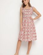 defox Rochie Alb-Roz din Bumbac Cloș cu Imprimeu Floral cu Nasturi Ronzea