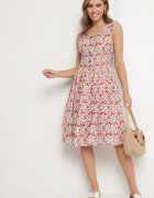 defox Rochie Alb-Roz din Bumbac Cloș cu Imprimeu Floral cu Nasturi Ronzea