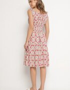 defox Rochie Alb-Roz din Bumbac Cloș cu Imprimeu Floral cu Nasturi Ronzea