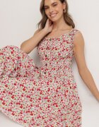 defox Rochie Alb-Roz din Bumbac Cloș cu Imprimeu Floral cu Nasturi Ronzea