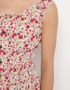 defox Rochie Alb-Roz din Bumbac Cloș cu Imprimeu Floral cu Nasturi Ronzea