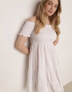 defox Rochie Albă de Bumbac cu Decolteu Spaniol cu Volane Largi la Tiv Bliria