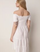 defox Rochie Albă de Bumbac cu Decolteu Spaniol cu Volane Largi la Tiv Bliria