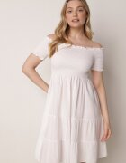 defox Rochie Albă de Bumbac cu Decolteu Spaniol cu Volane Largi la Tiv Bliria