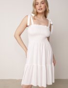 defox Rochie Albă din Bumbac cu Partea Superioară Elastică și Bretele Legate Tolimea
