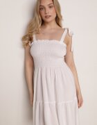 defox Rochie Albă din Bumbac cu Partea Superioară Elastică și Bretele Legate Tolimea