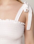 defox Rochie Albă din Bumbac cu Partea Superioară Elastică și Bretele Legate Tolimea