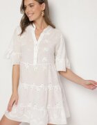 defox Rochie Albă din bumbac cu țesătură brodată cu croială tip cămașă cu volane Filidwena