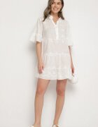 defox Rochie Albă din bumbac cu țesătură brodată cu croială tip cămașă cu volane Filidwena