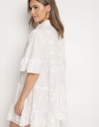 defox Rochie Albă din bumbac cu țesătură brodată cu croială tip cămașă cu volane Filidwena