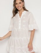 defox Rochie Albă din bumbac cu țesătură brodată cu croială tip cămașă cu volane Filidwena
