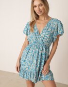 defox Rochie albastră cloș din bumbac cu elastic în talie și volane Nelsea