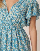defox Rochie albastră cloș din bumbac cu elastic în talie și volane Nelsea