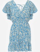 defox Rochie albastră cloș din bumbac cu elastic în talie și volane Nelsea