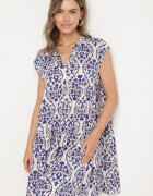 defox Rochie Albastră de Bumbac cu Croi Evazat Decorată cu Volan Linola
