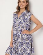 defox Rochie Albastră de Bumbac cu Croi Evazat Decorată cu Volan Linola