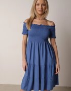 defox Rochie Albastră de Bumbac cu Decolteu Spaniol cu Volane Largi la Tiv Bliria