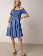defox Rochie Albastră de Bumbac cu Decolteu Spaniol cu Volane Largi la Tiv Bliria