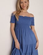 defox Rochie Albastră de Bumbac cu Decolteu Spaniol cu Volane Largi la Tiv Bliria