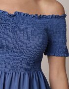defox Rochie Albastră de Bumbac cu Decolteu Spaniol cu Volane Largi la Tiv Bliria
