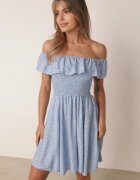 defox Rochie albastră de bumbac cu decolteu spaniol și top încrețit cu imprimeu floral Samorea