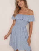 defox Rochie albastră de bumbac cu decolteu spaniol și top încrețit cu imprimeu floral Samorea
