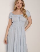 defox Rochie albastră deschisă de bumbac evazată cu nasturi și mâneci bufante Annivi
