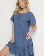 defox Rochie Albastră din Bumbac cu croială evazată cu legătură la decolteu Mepilea