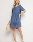 defox Rochie Albastră din Bumbac cu croială evazată cu legătură la decolteu Mepilea