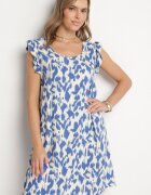 defox Rochie Albastră din Bumbac cu Croială Evazată cu Volane în Loc de Mâneci Jenalinea
