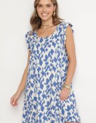 defox Rochie Albastră din Bumbac cu Croială Evazată cu Volane în Loc de Mâneci Jenalinea