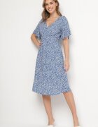 defox Rochie Albastră din Bumbac Evazată cu Flori Esirive