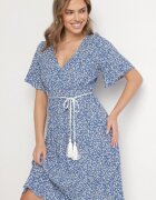 defox Rochie Albastră din Bumbac Evazată cu Flori Esirive