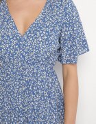 defox Rochie Albastră din Bumbac Evazată cu Flori Esirive