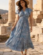 defox Rochie Albastră Evazată Petrecută din Bumbac cu model Paisley cu elastic în talie Zonne