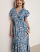 defox Rochie Albastră Evazată Petrecută din Bumbac cu model Paisley cu elastic în talie Zonne