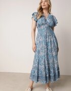 defox Rochie Albastră Evazată Petrecută din Bumbac cu model Paisley cu elastic în talie Zonne