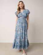 defox Rochie Albastră Evazată Petrecută din Bumbac cu model Paisley cu elastic în talie Zonne