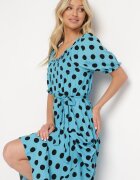 defox Rochie Albastră-Neagră cu Mâneci Bufante și Elastice la Decolteu cu Volan și Curea în Talie Tesree