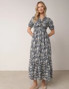 defox Rochie Albastru Marin de bumbac cu mâneci bufante cu elastic în talie și volan Vimaliana
